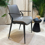 [Dining Chair] black matt frame + PU , Leather minimalist imitation wood grain dining chair with armrests