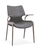 [Dining Chair] Wood vaneer frame +  PU，Vintage Brown Solid Wood Leg Fabric Upholstered Dining Chair